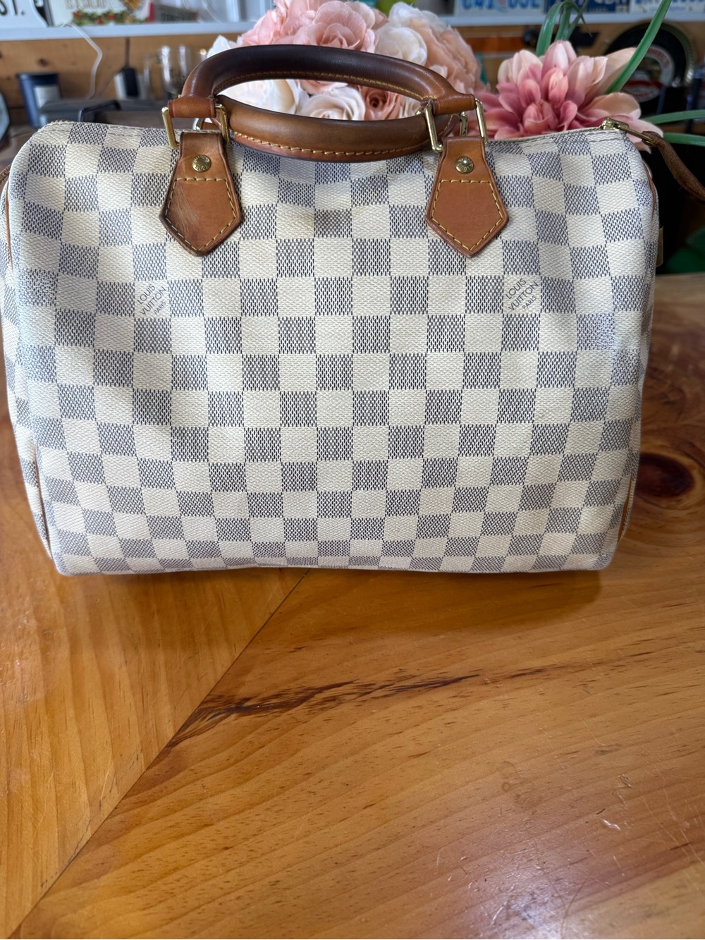 Authentic Louis Vuitton Damier Azur Speedy with Tan Leather Trim